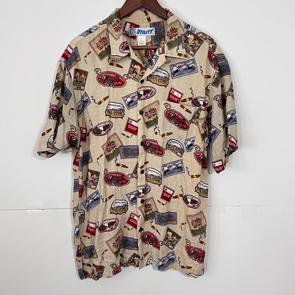 Vintage Utility Mens Printed Shirt Medium M Beige Greeting Cards Postcard Stamp